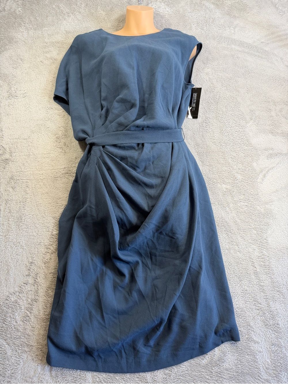 Lafayette 158 Viscose Wool Blend  Navy Draped Asymmetrical Dress 16 NWT $548